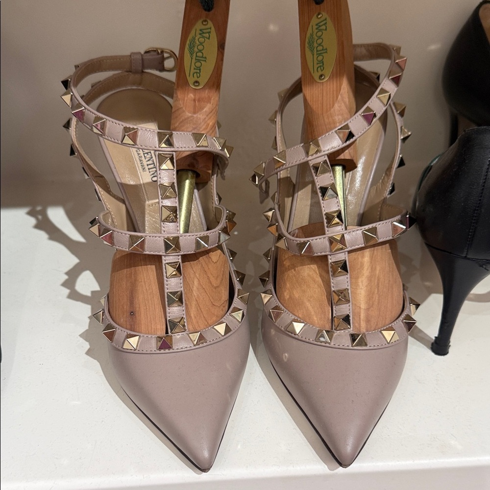 Valentino Studded T-Strap Pointed Toe Pumps in Taupe